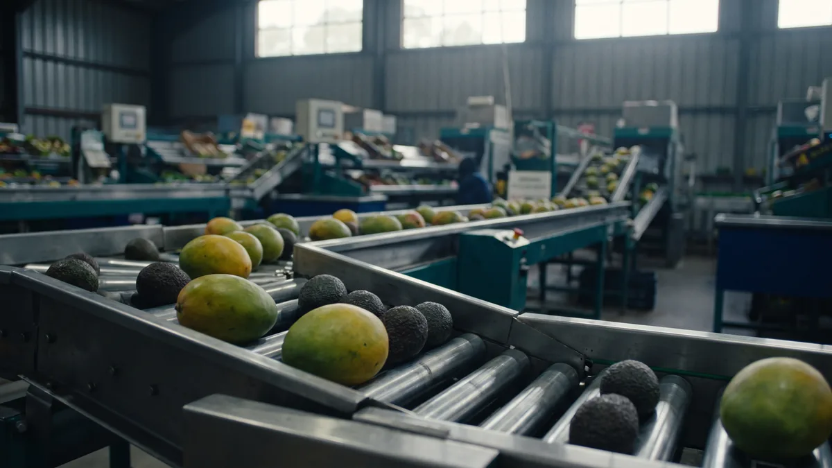 Fruit being graded and packed on a conveyor line at a packhouse